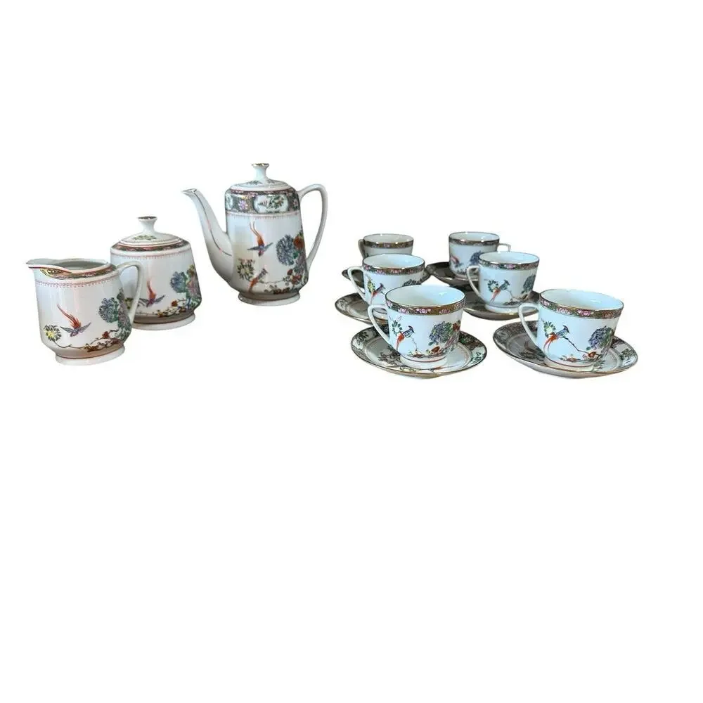 Vintage Chinese Porcelain Painting Tea Set, Hand Painted Birds & Flowers,